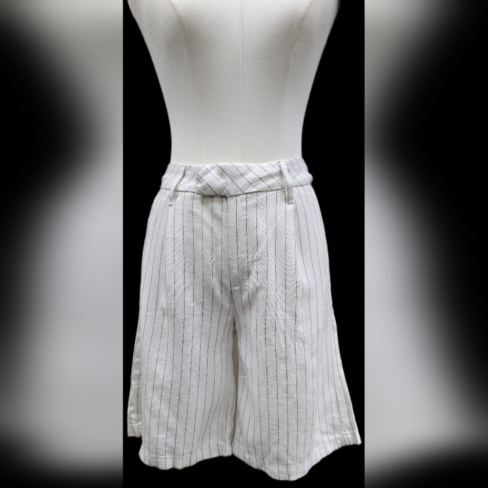 H&M White Pinstripe Linen Bermuda Shorts